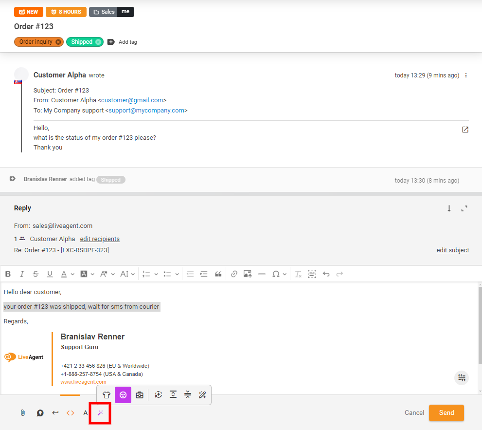 AI atsakymų asistento mygtuko ekrano kopija pokalbio rodinyje