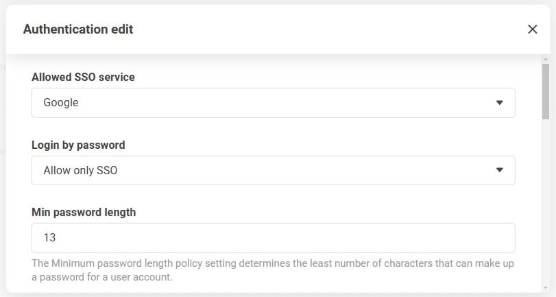 Autentifikacijos nustatymų ekranas, rodantis parinktį leisti tik SSO slaptažodžio prisijungimo skyriuje