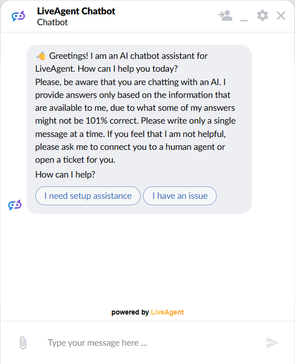 LiveAgent pokalbių langas, rodantis AI chatbot pasveikinimą su dviem spustelėjamais atsakymų mygtukais sąrankos pagalbai ir problemos pranešimui