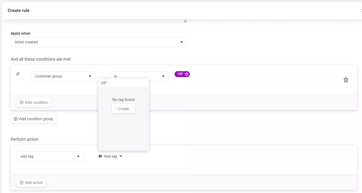 Taisyklės kūrimo skyriaus ekrano kopija, rodanti, kaip pridėti naują žymą.