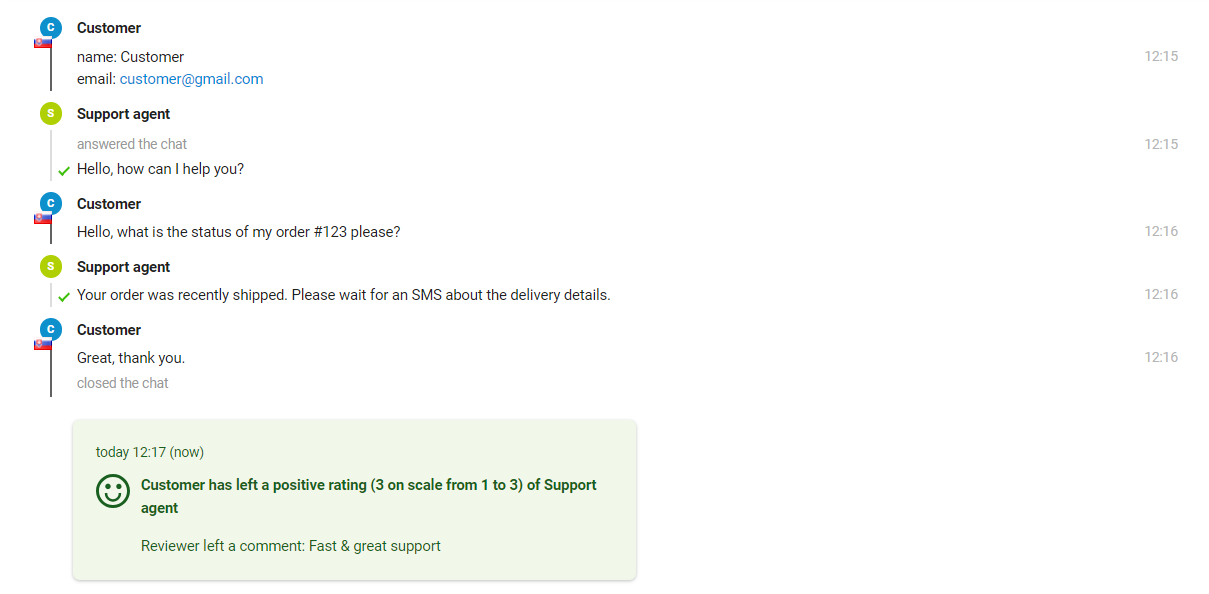 Vaizdas rodo sąveiką tarp klientų ir palaikymo agento, kur agentas gali pamatyti vertinimą žinutės pabaigoje