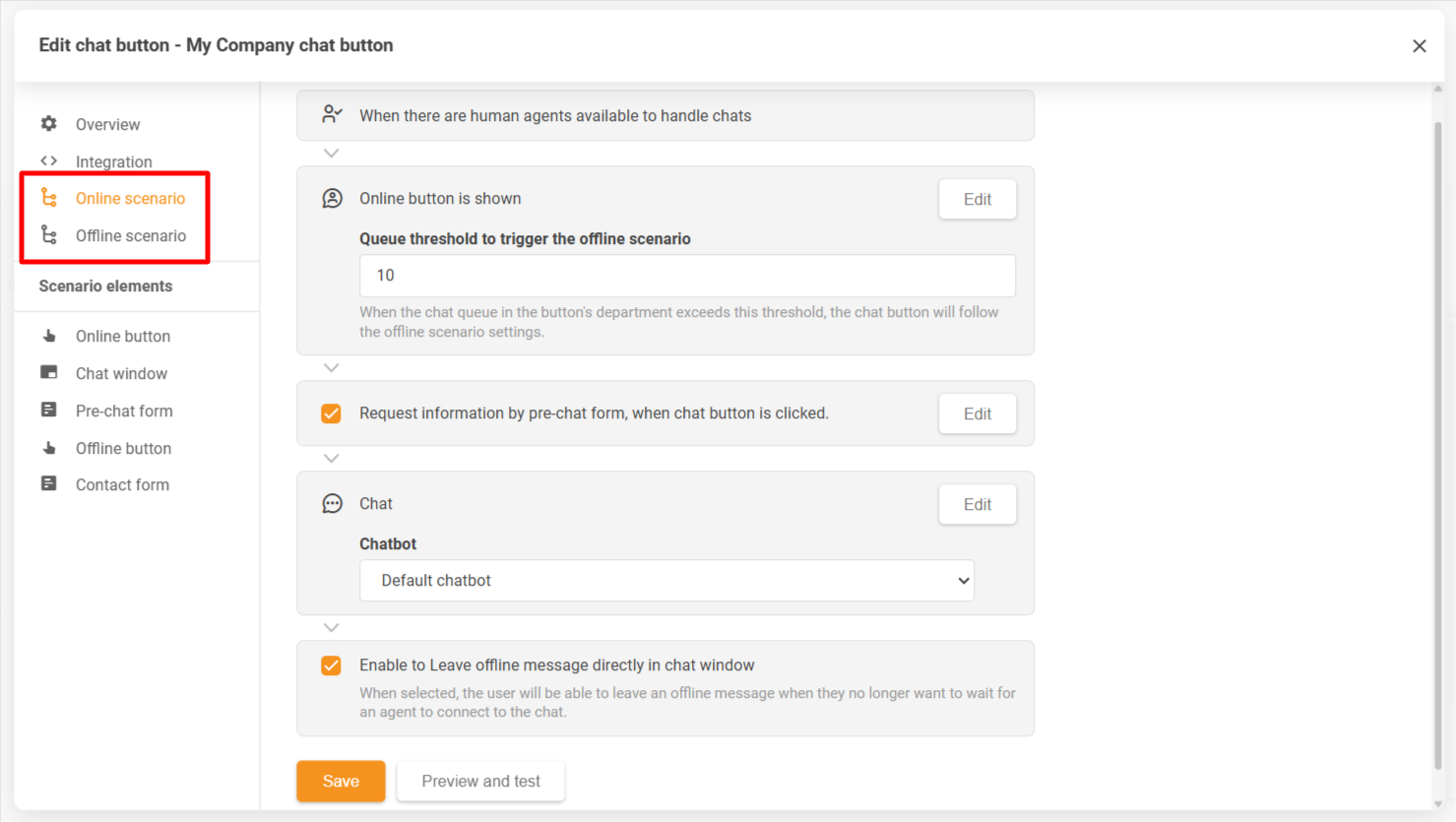 LiveAgent pokalbio mygtuko konfigūracijos langas, rodantis interneto ir neprisijungimo scenarijus