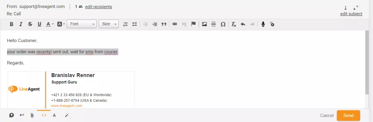 Nuotrauka, kurioje parodytas pažymėtas atsakymas į bilietą LiveAgent sistemoje