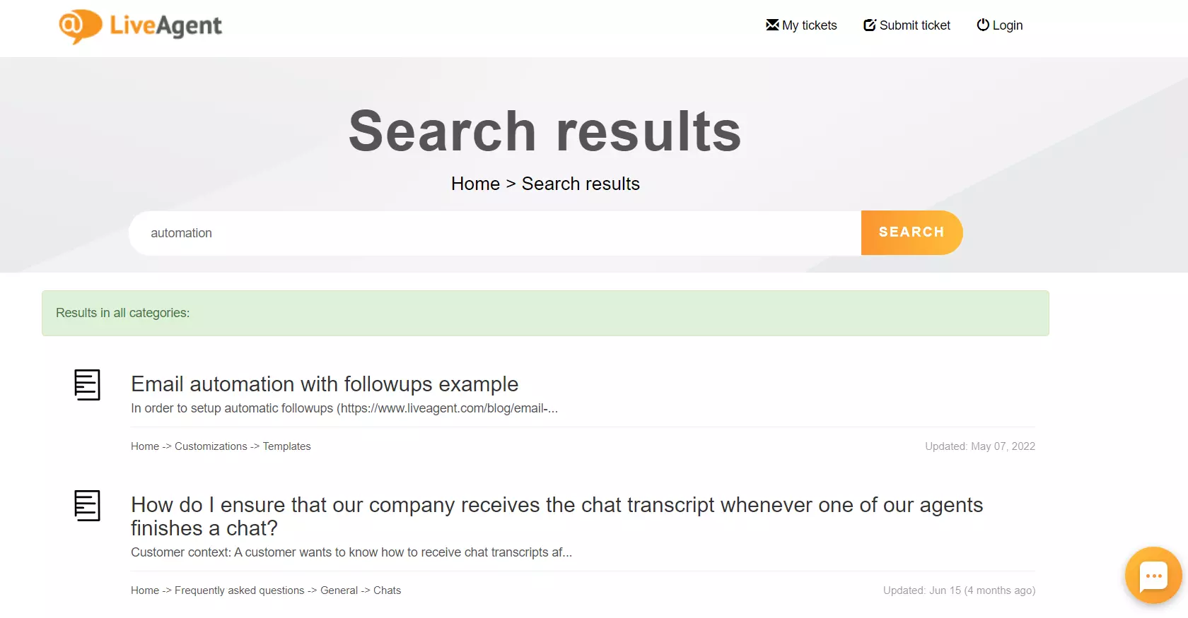 LiveAgent žinių bazės paieškos funkcija