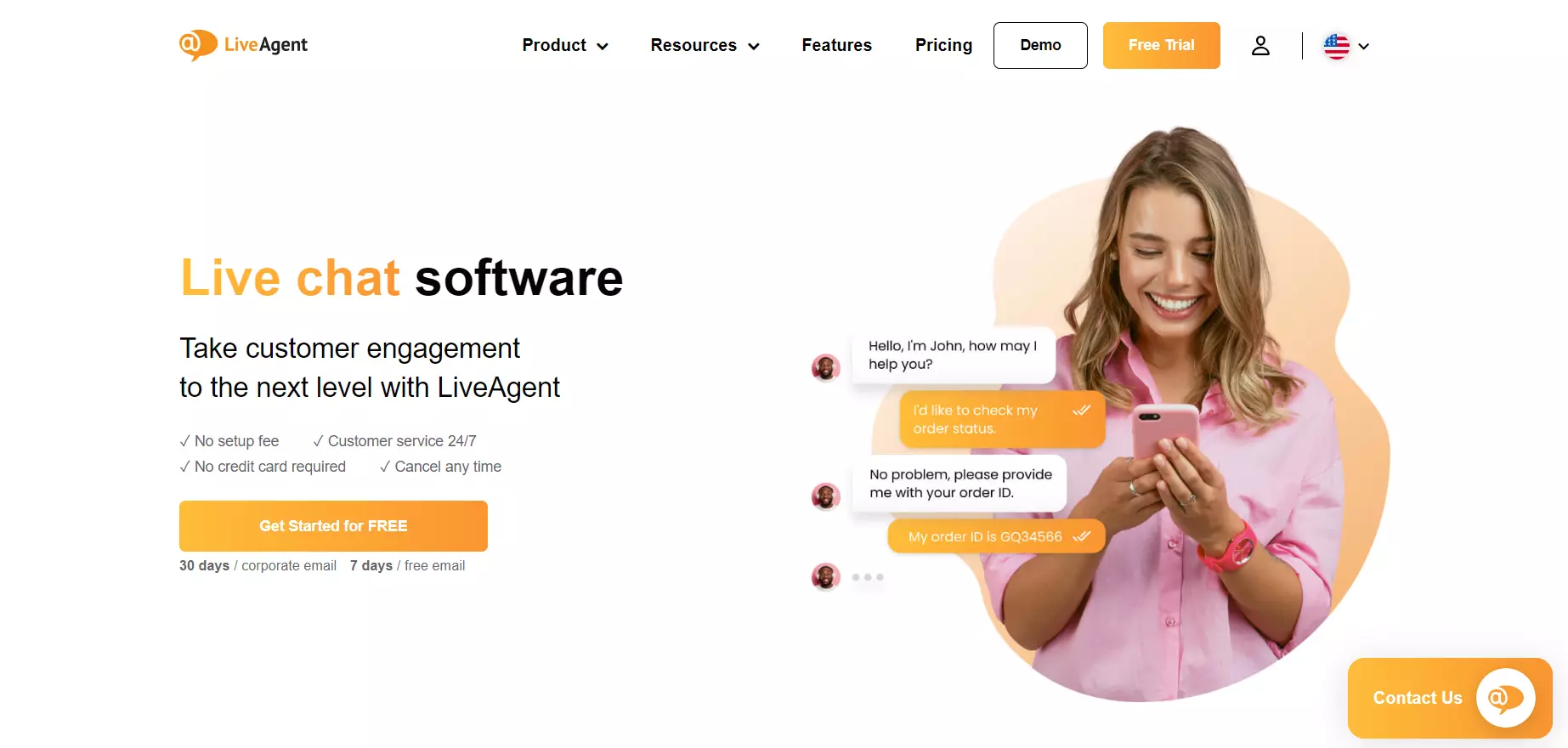 LiveAgent pradžios puslapio ekrano nuotrauka, tiesioginių pokalbių programinė įranga tikram gyvenimui skirtiems ryšiams