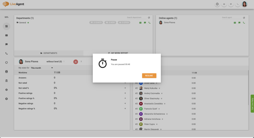 LiveAgent pauzės funkcija