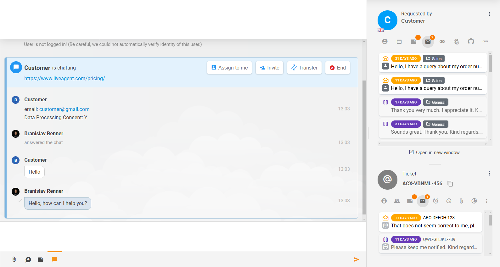 Patobulinta bilieto turinio ir susijusių skyrių dizainas LiveAgent