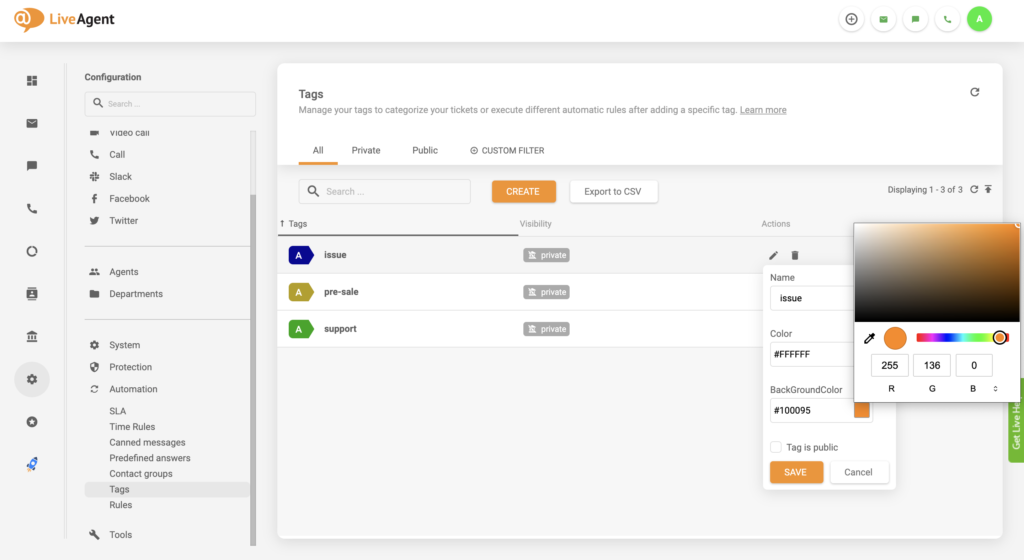Žymų spalvos keitimo nustatymo atnaujinimas LiveAgent