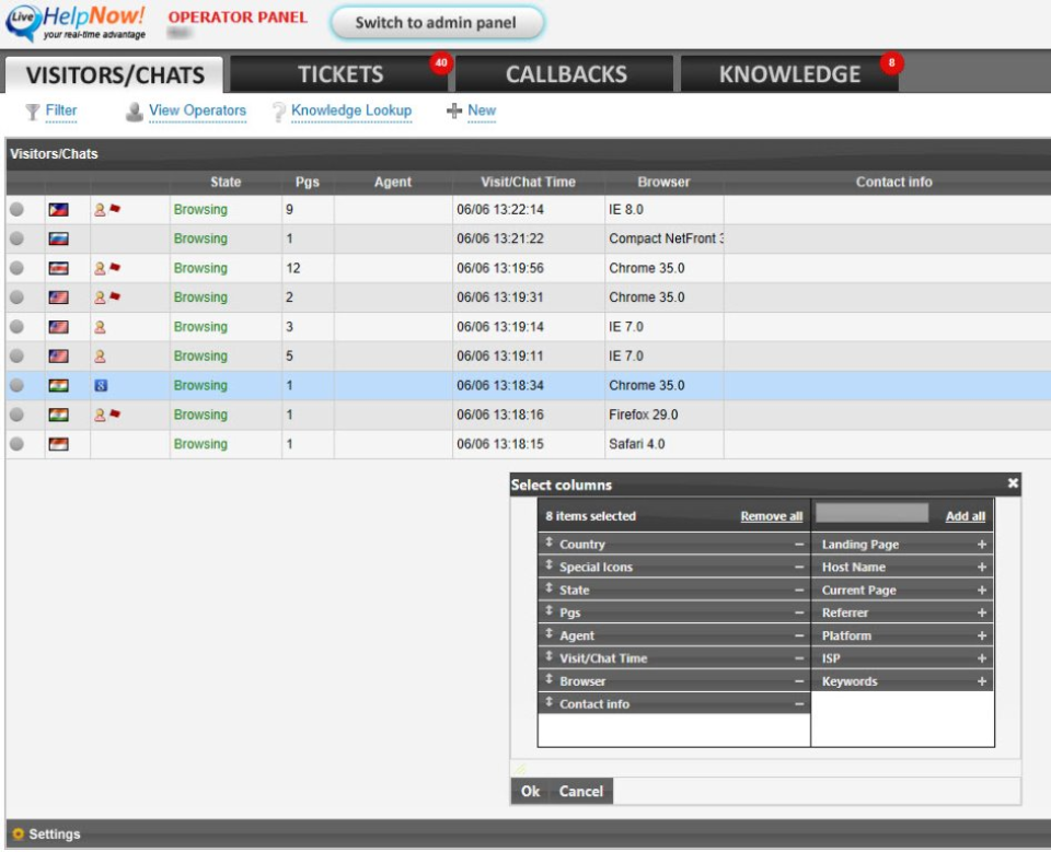 LiveHelpNow pokalbio prietaisų sritis