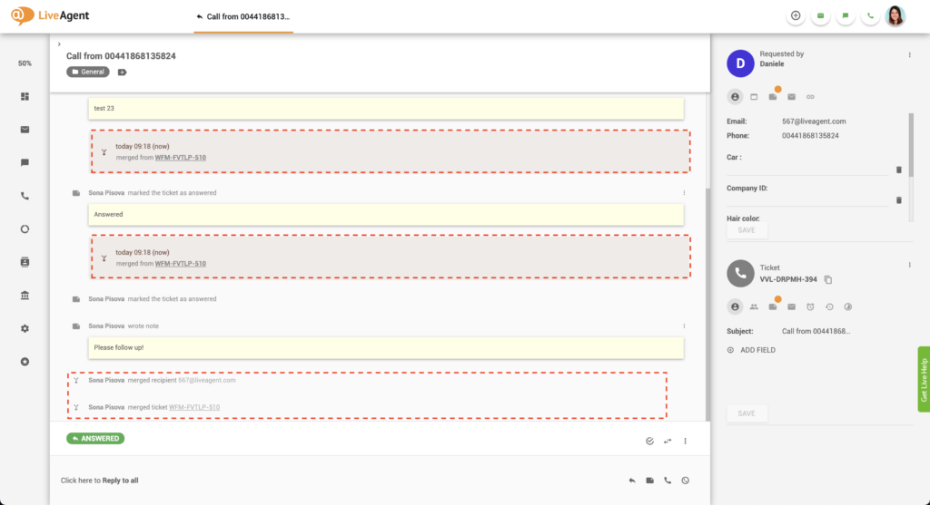 Sujungtas bilieto gijas LiveAgent