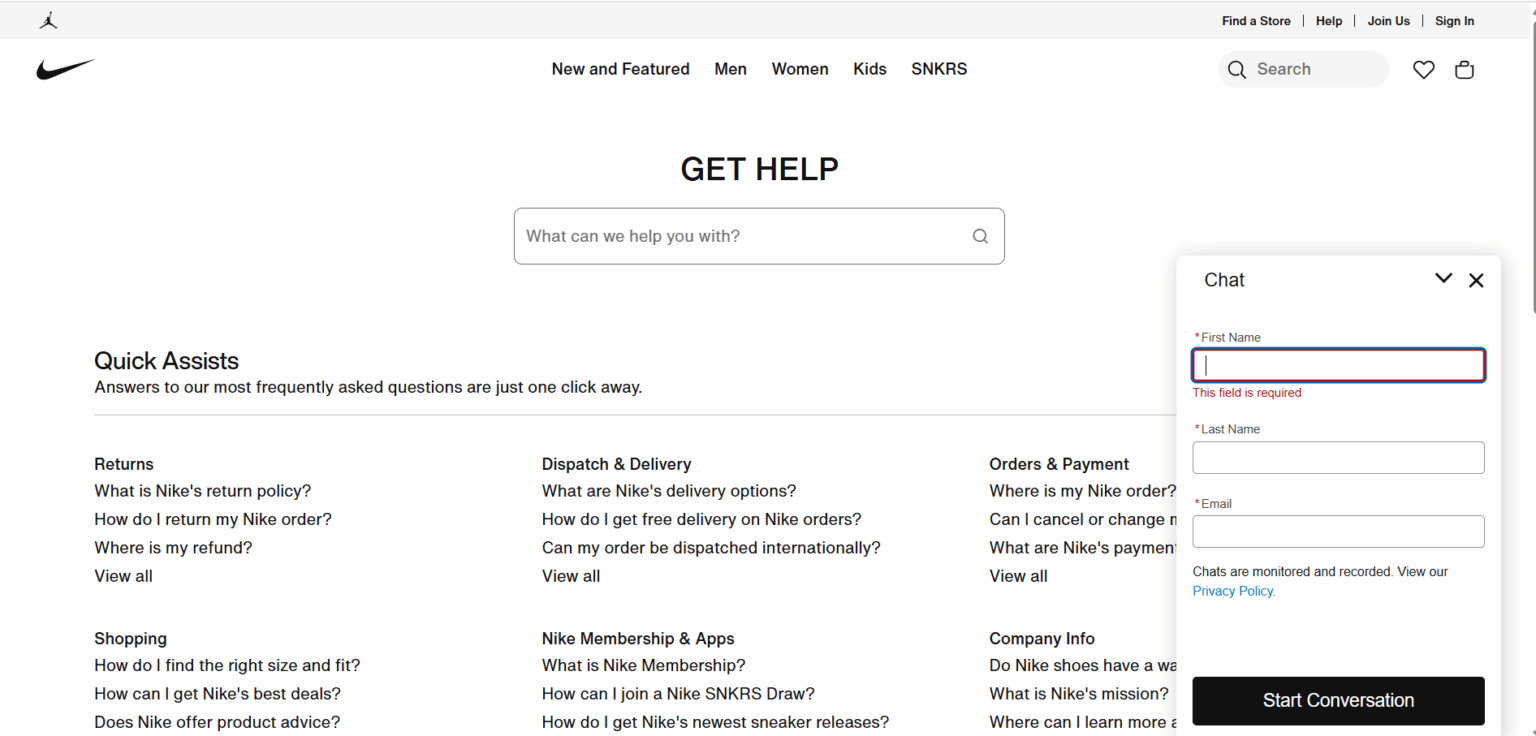 Dirbtinio intelekto chatbotas Nike tinklalapyje