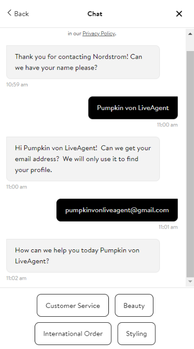 Nordstrom chatbot funkcija