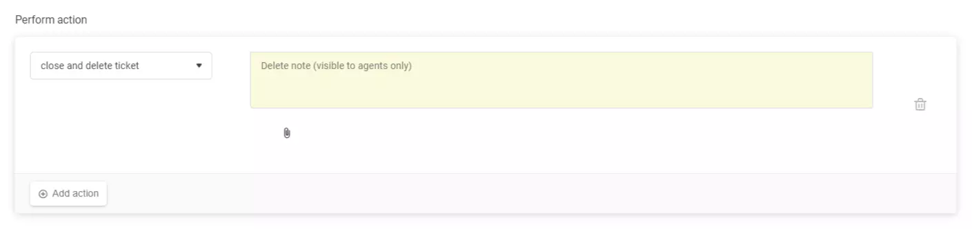 Automatic rule setup showing the close and delete ticket action in LiveAgent