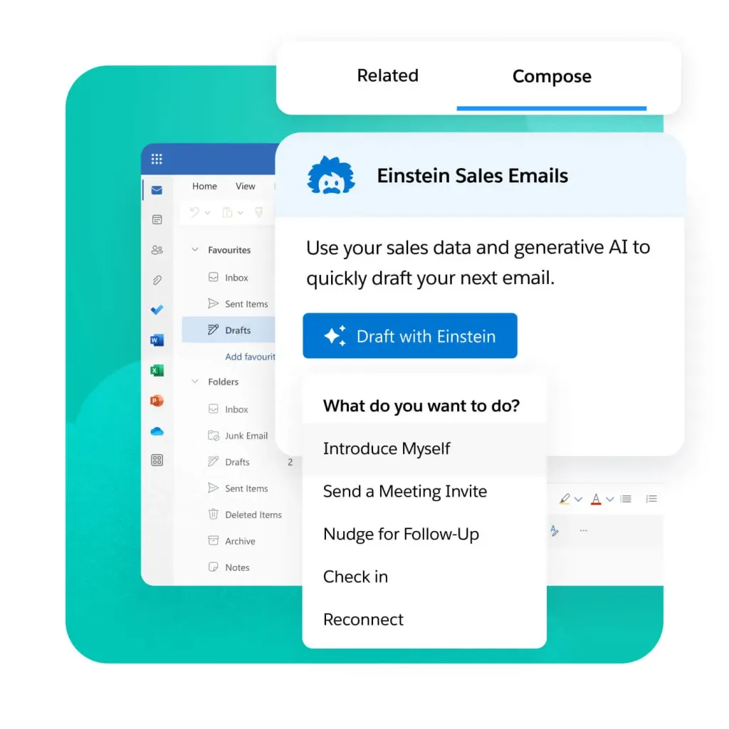Salesforce Einstein Sales Emails sąsaja, rodanti AI pagrindinės el. pašto rašymo parinktis.