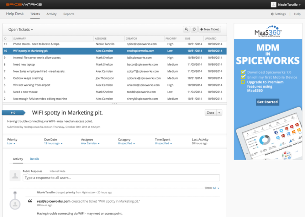 Spiceworks Cloud Help Desk nemokamas planas – bilietų eilė su būsenos ir priskirtojo asmens stulpeliais