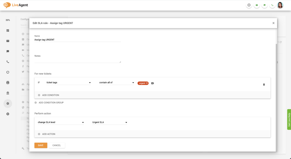 Skubios SLA taisyklės kūrimas LiveAgent