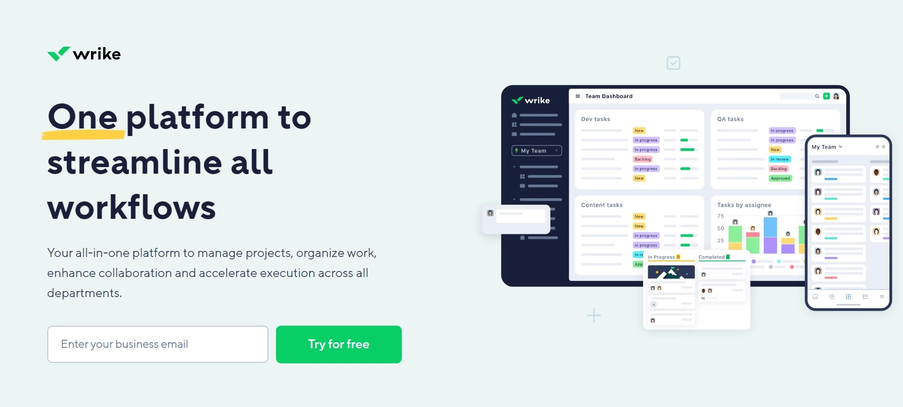 Wrike pagrindinis puslapis - visapusiškas platformas projektų valdymui, darbo organizavimui ir bendradarbiavimo padidinti visose departamentuose.