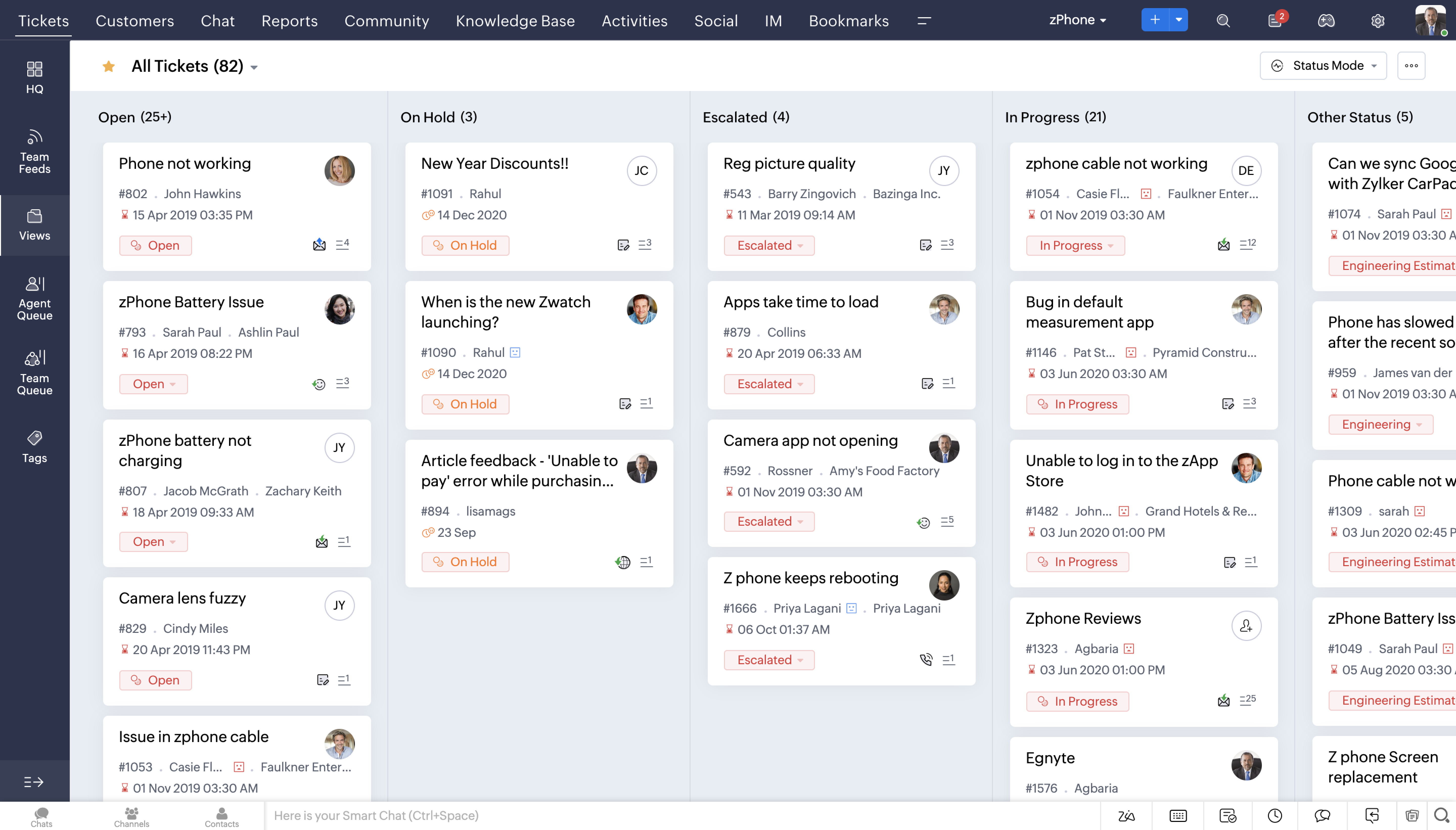 Zoho Desk nemokamo help desk plano bilietų rodinys