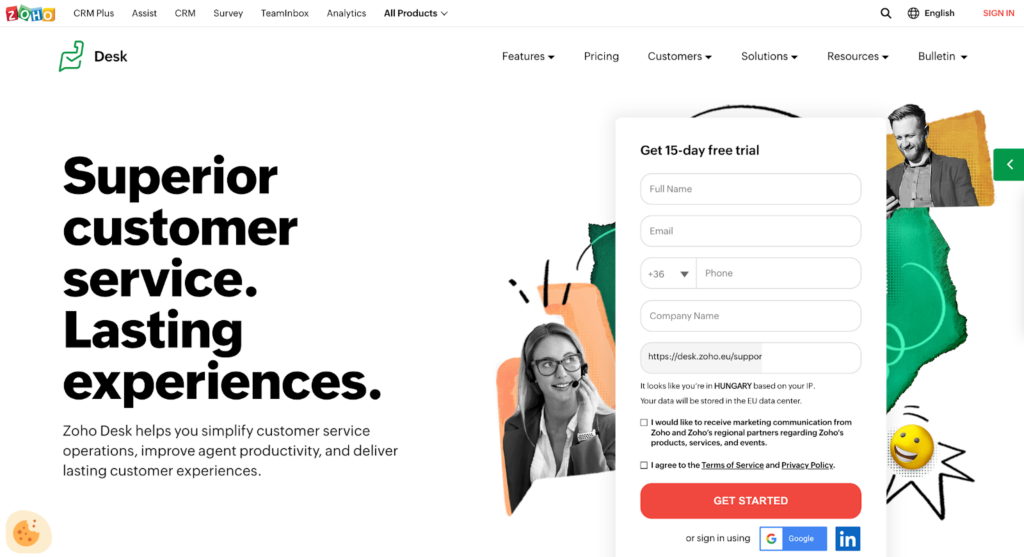 Zoho Desk bilietavimo sistemos pagrindinis puslapis