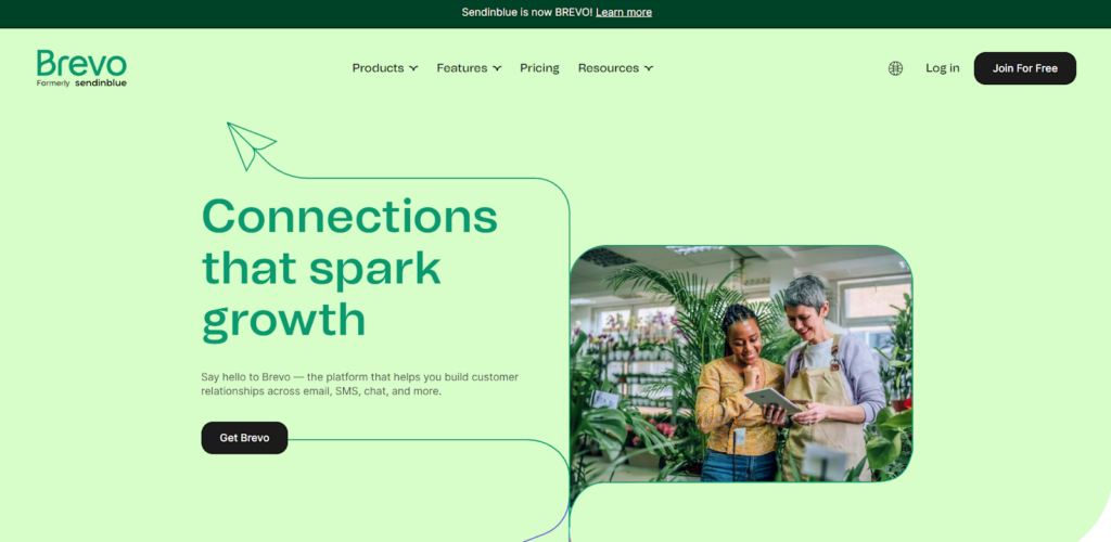Brevo pradžios puslapis, el pašto valdymo programinė įranga su rinkodaros funkcijomis