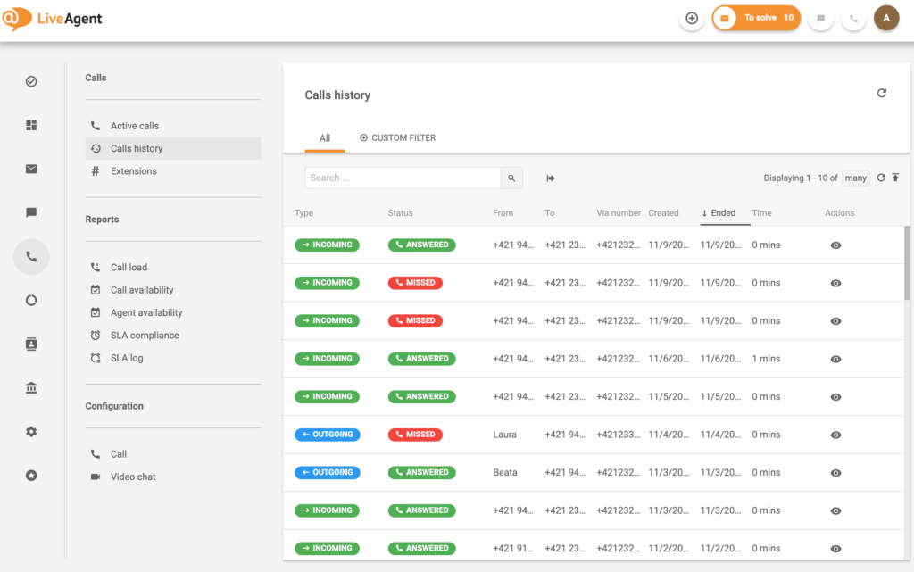 Skambučių centro valdymas - skambučių istorija