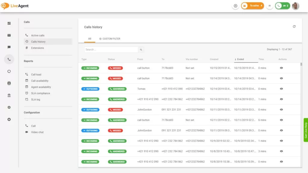 LiveAgent skambučių centro sąsajos apžvalga.