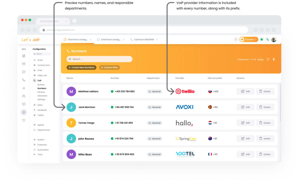 LiveAgent skambučių centro sąsajos ekrano nuotrauka
