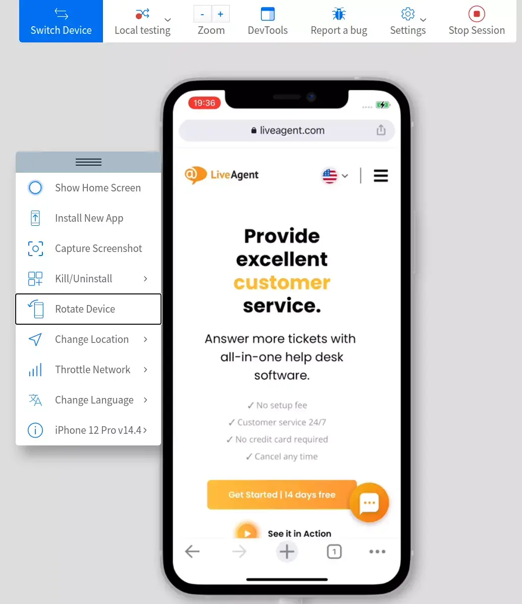 BrowserStack puslapio simuliacija