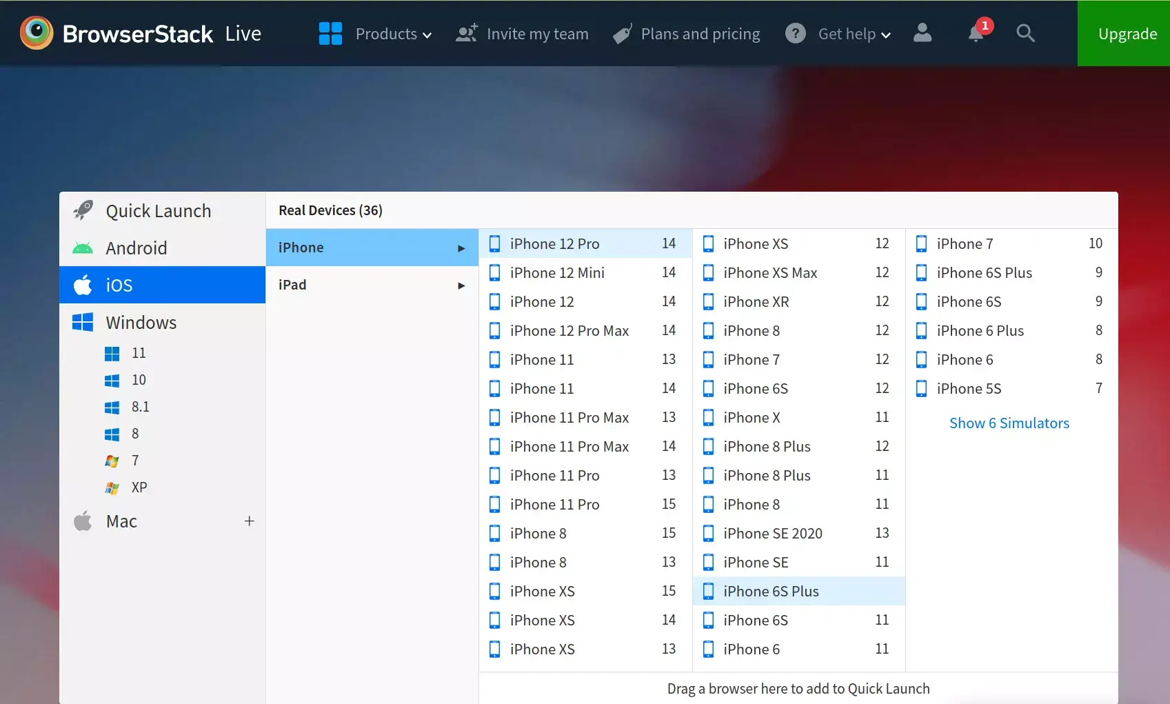 BrowserStack imituoja daug mobiliųjų platformų ir operacinių sistemų versijų
