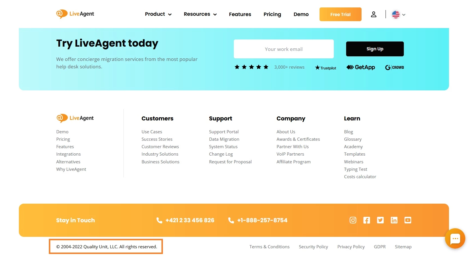 LiveAgent's website copyright
