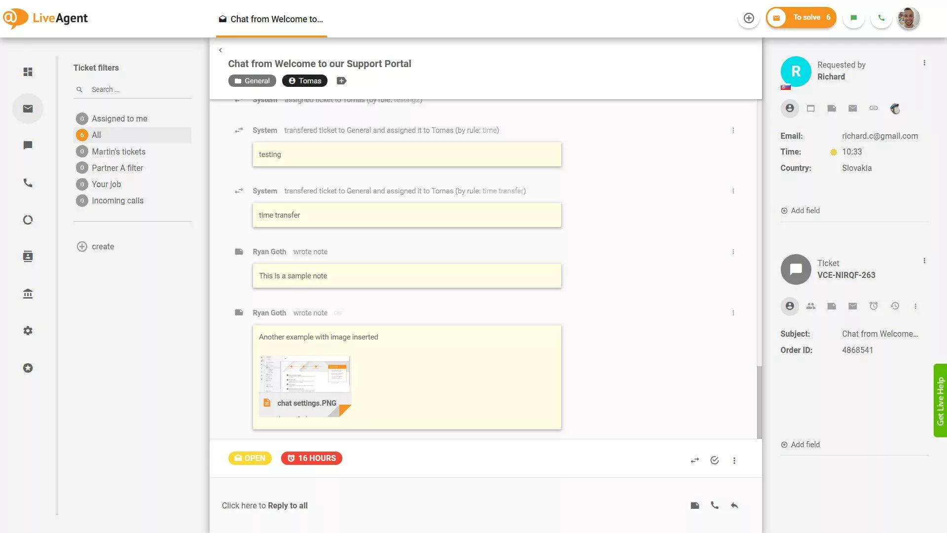 Notes inside of the ticket in LiveAgent
