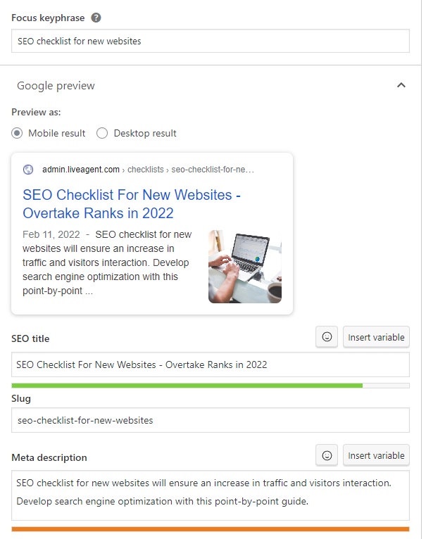 LiveAgent - raktažodžio, SEO pavadinimo ir meta aprašymo pavyzdys