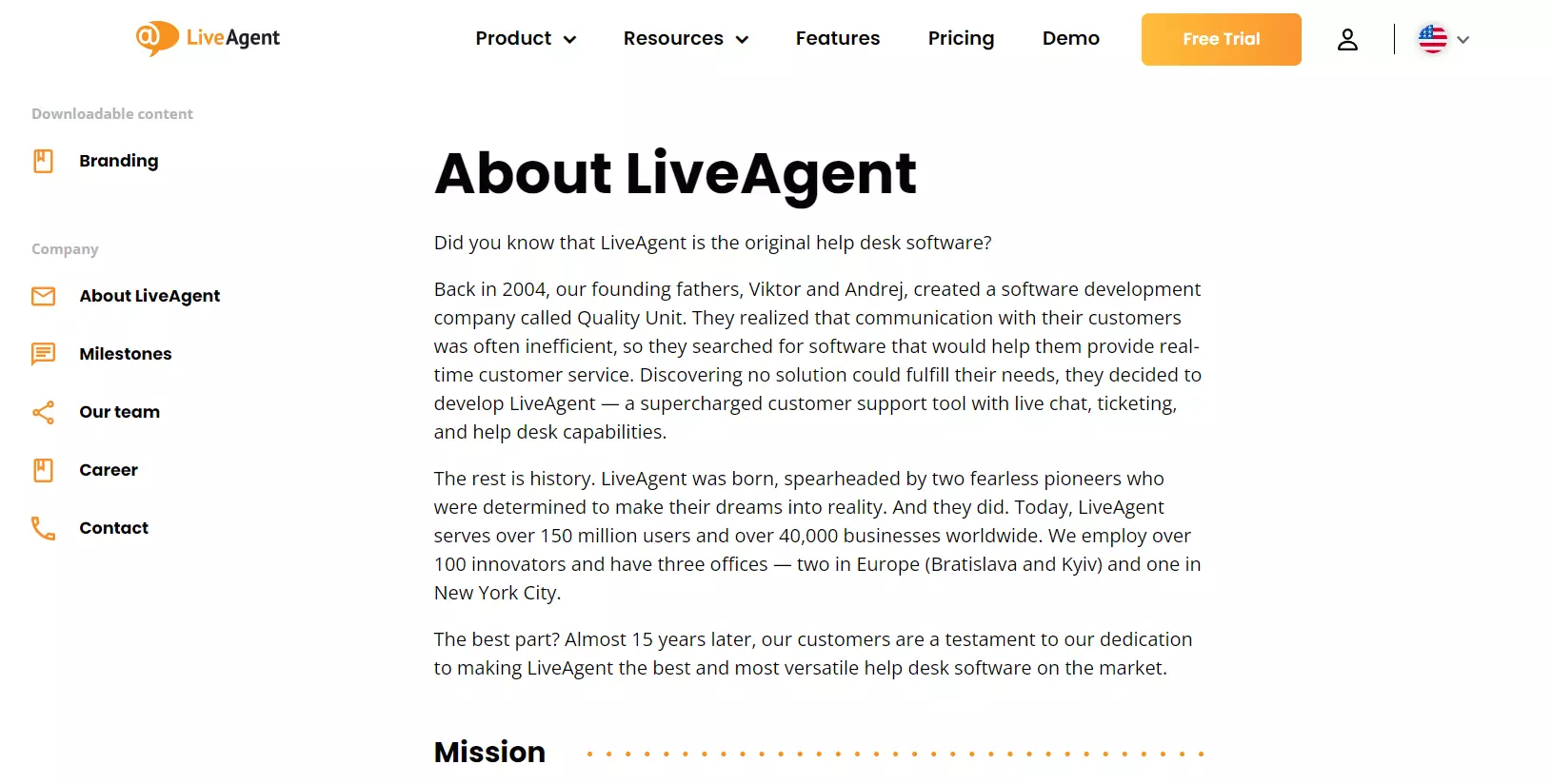 LiveAgent Apie mus puslapis