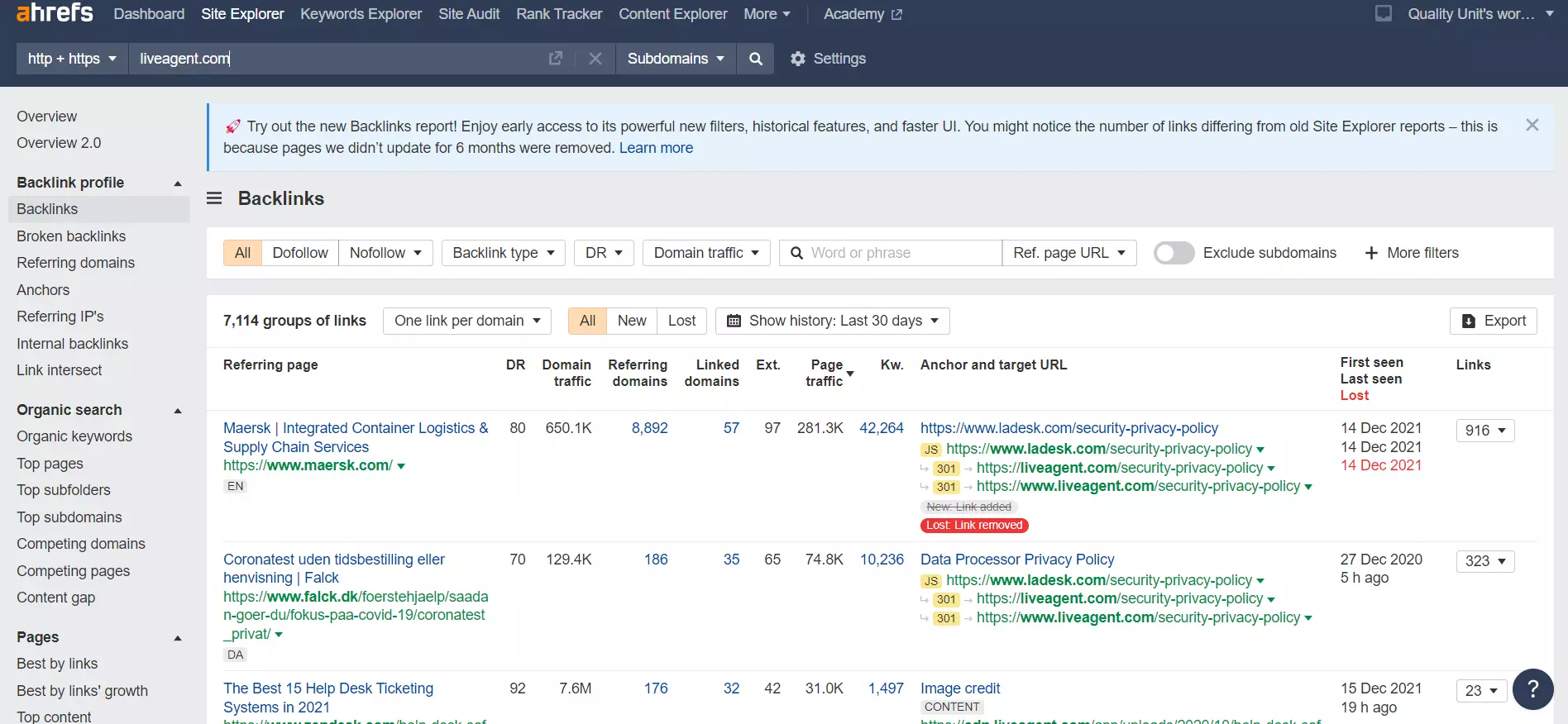 Išorinės nuorodos Ahrefs pavyzdys