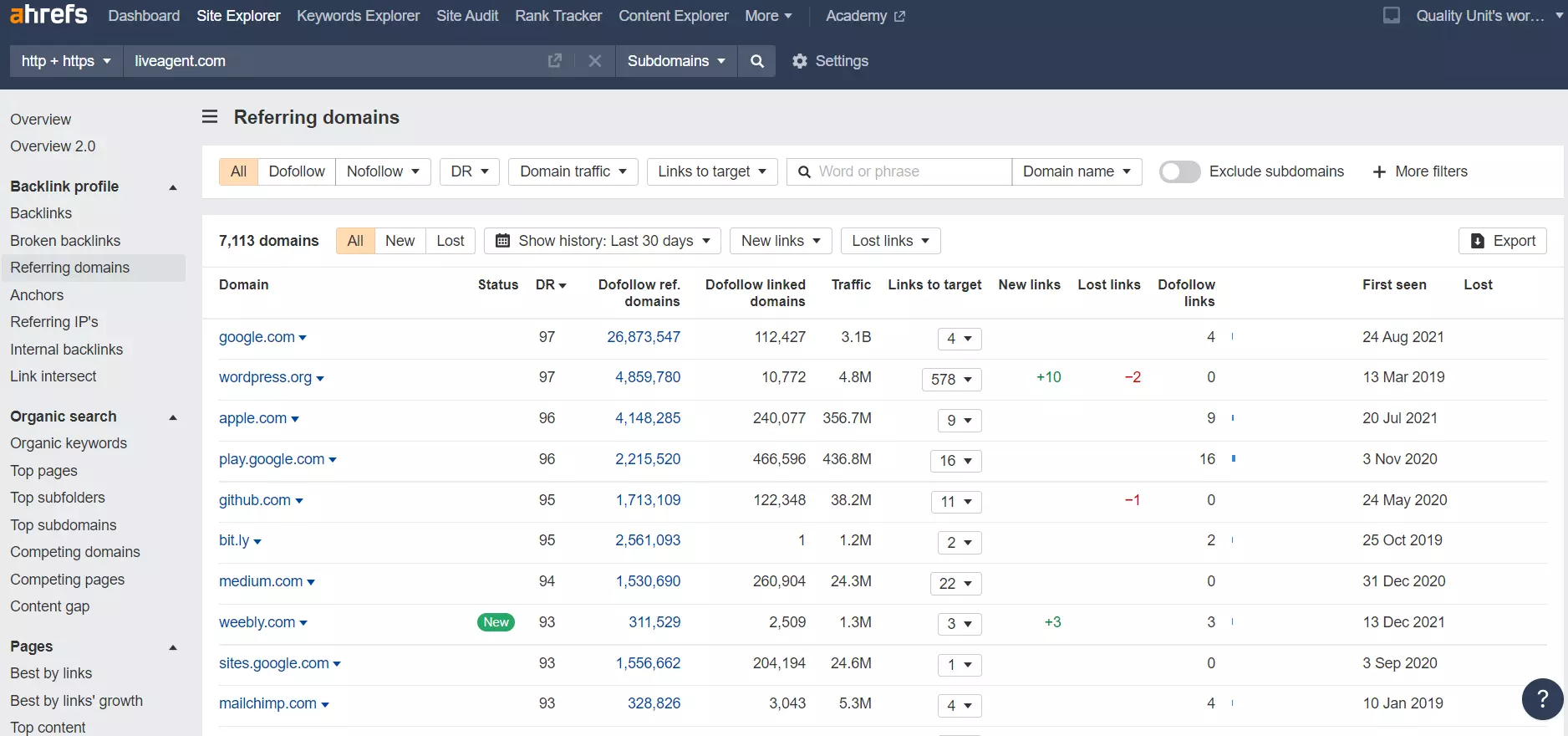 Nukreipiantys domenai Ahrefs - pavyzdys