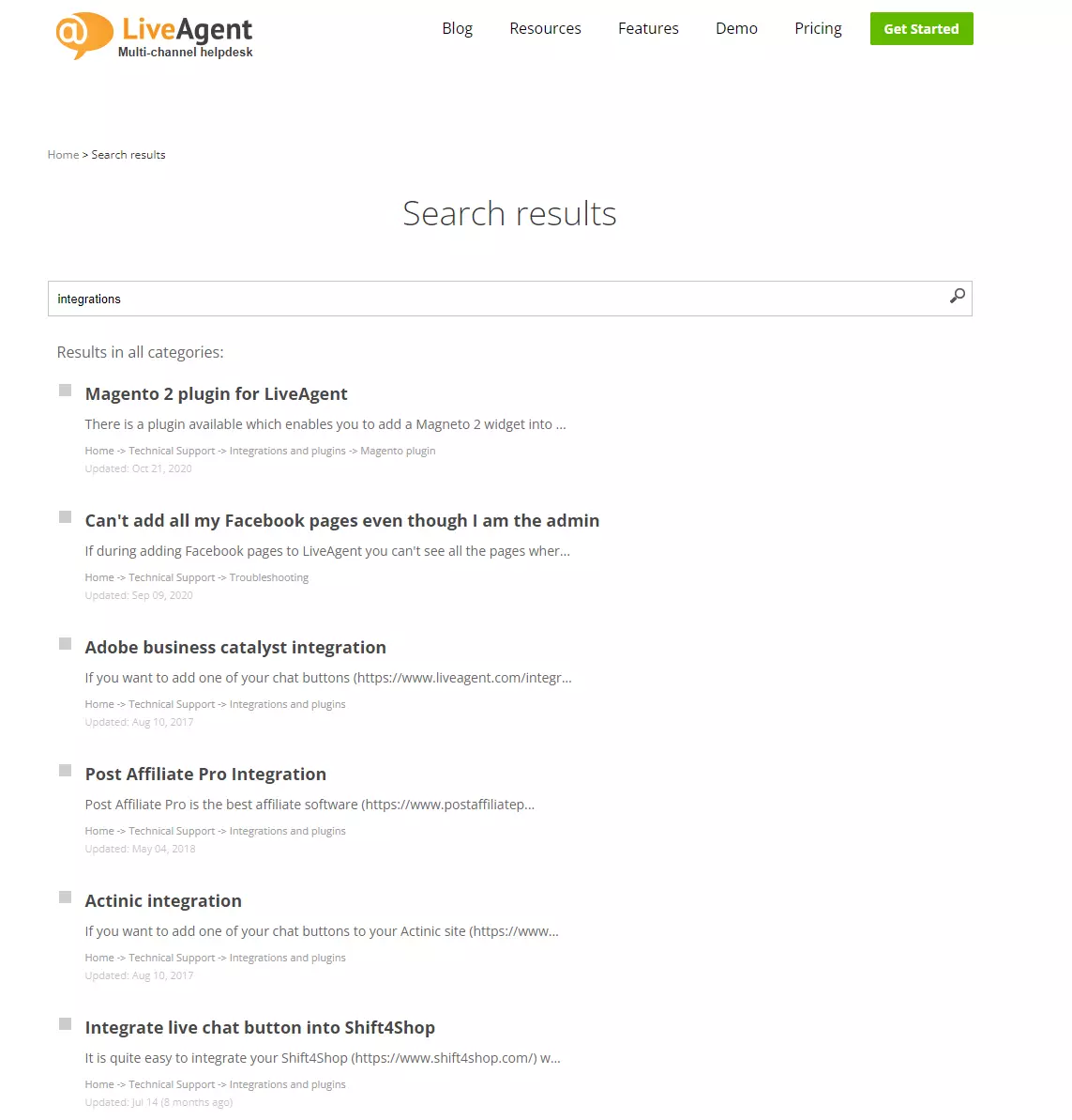 LiveAgent support portal - integrations