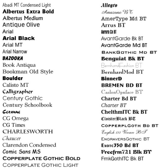 Šriftų pavyzdys MS Word