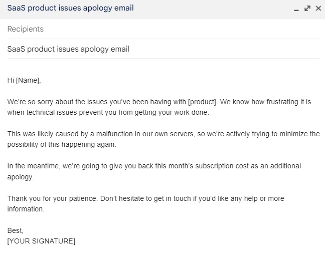 Product issues apology email template