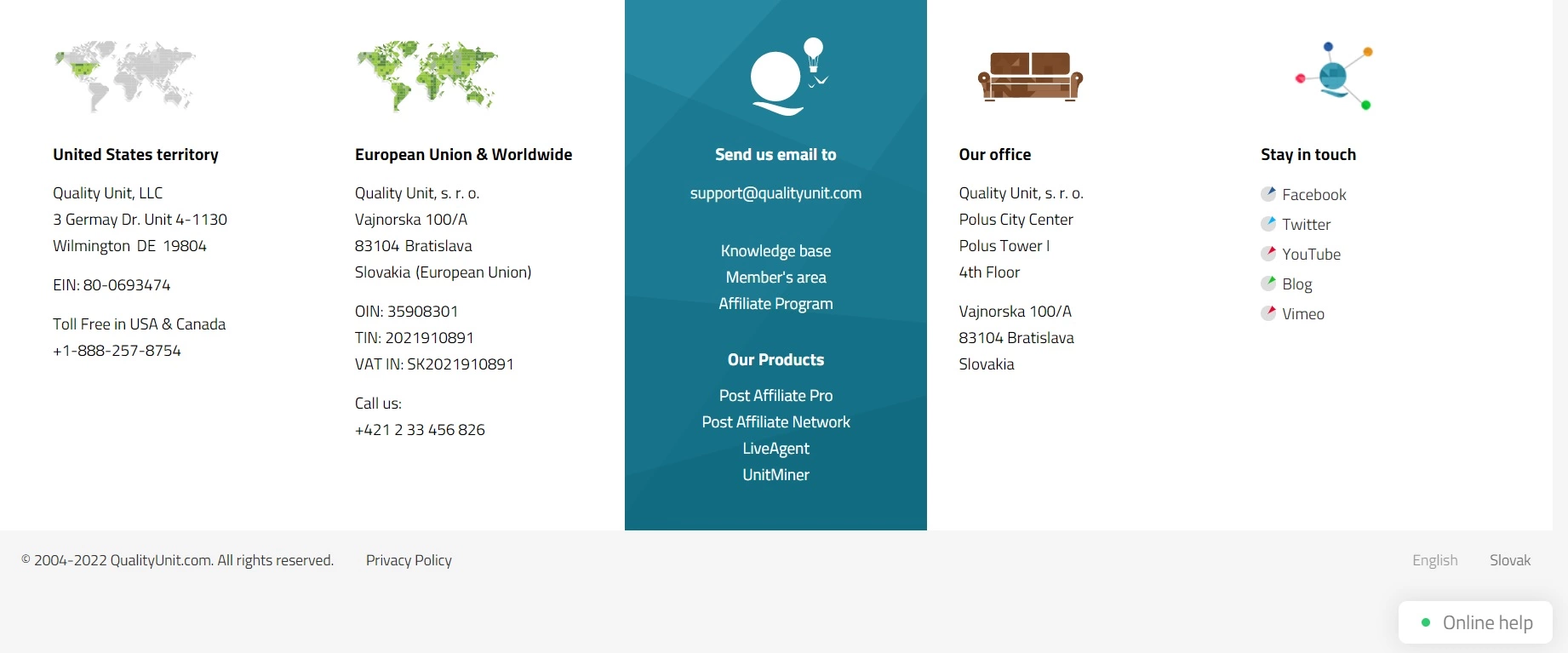 Quality Unit kontaktų puslapis