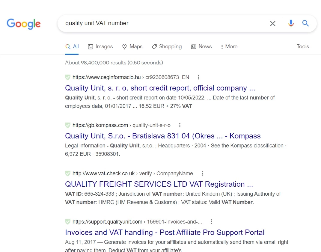 Quality Unit PVM numeris Google paieškoje