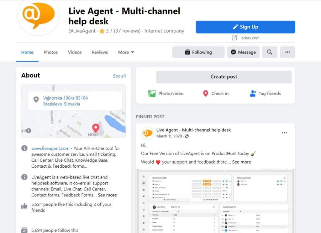 LiveAgent Facebook pagrindinis puslapis