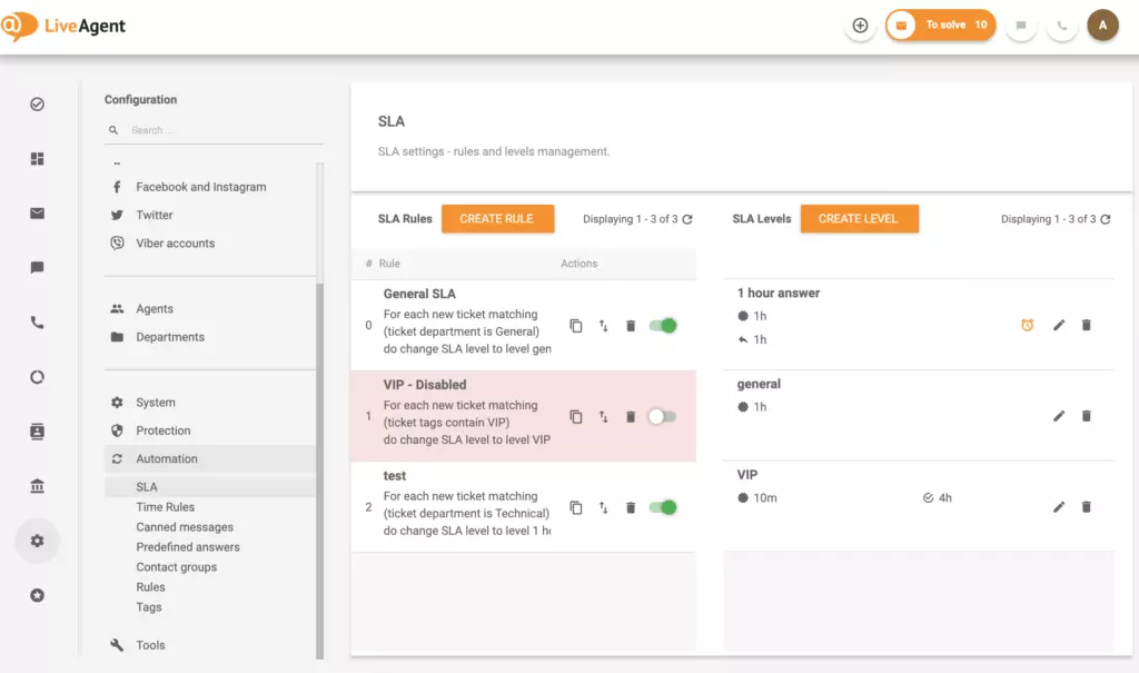 LiveAgent atsakymo ir sprendimų SLA laiko nustatymai
