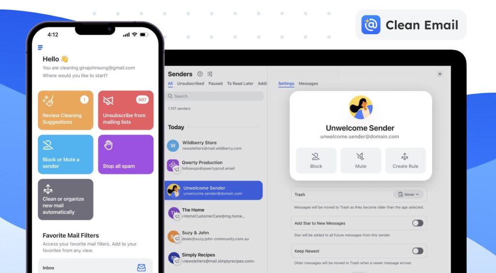 Clean Email pradžios puslapis