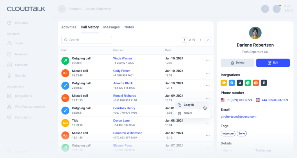 CloudTalk naudotojo sąsaja
