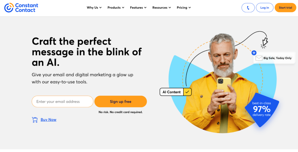 Constant Contact pradžios puslapis, el pašto rinkodaros ir valdymo programinė įranga