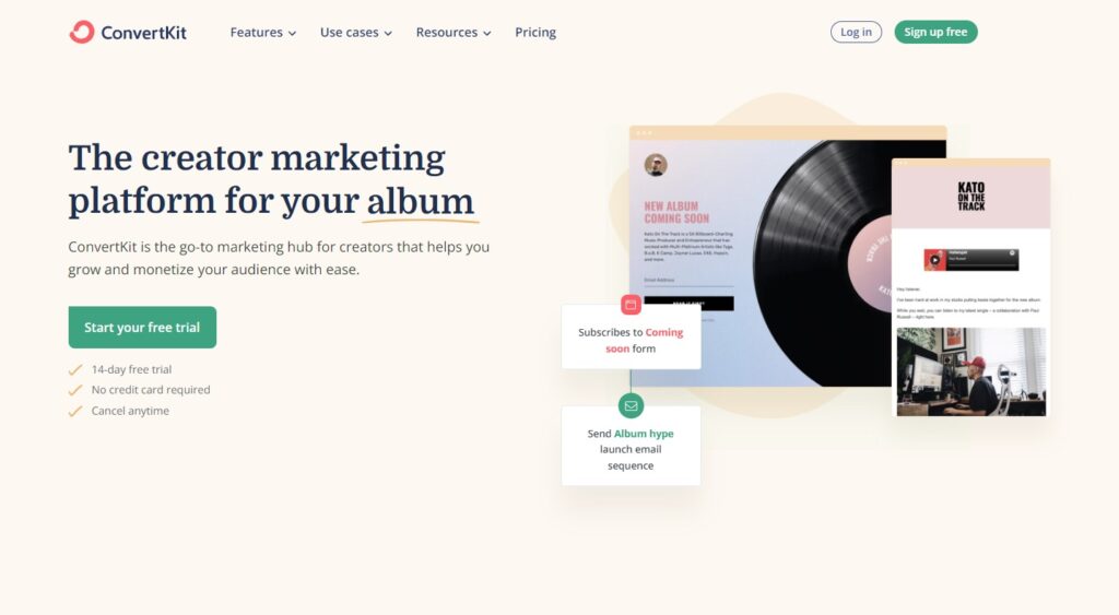 ConvertKit pradžios puslapis, el pašto valdymo programinė įranga tvarkytojams