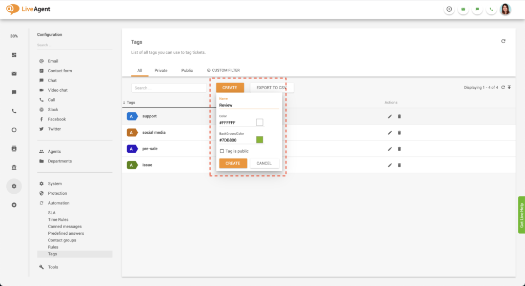 Pasirinktinių žymų kūrimas LiveAgent
