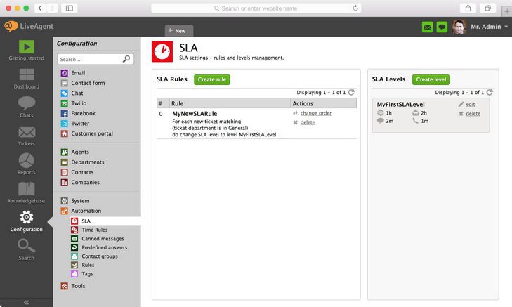 Vaizdas rodo, kur rasti SLA nustatymus LiveAgent