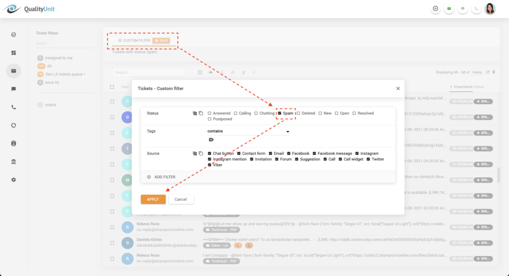 Šlamšto filtras LiveAgent