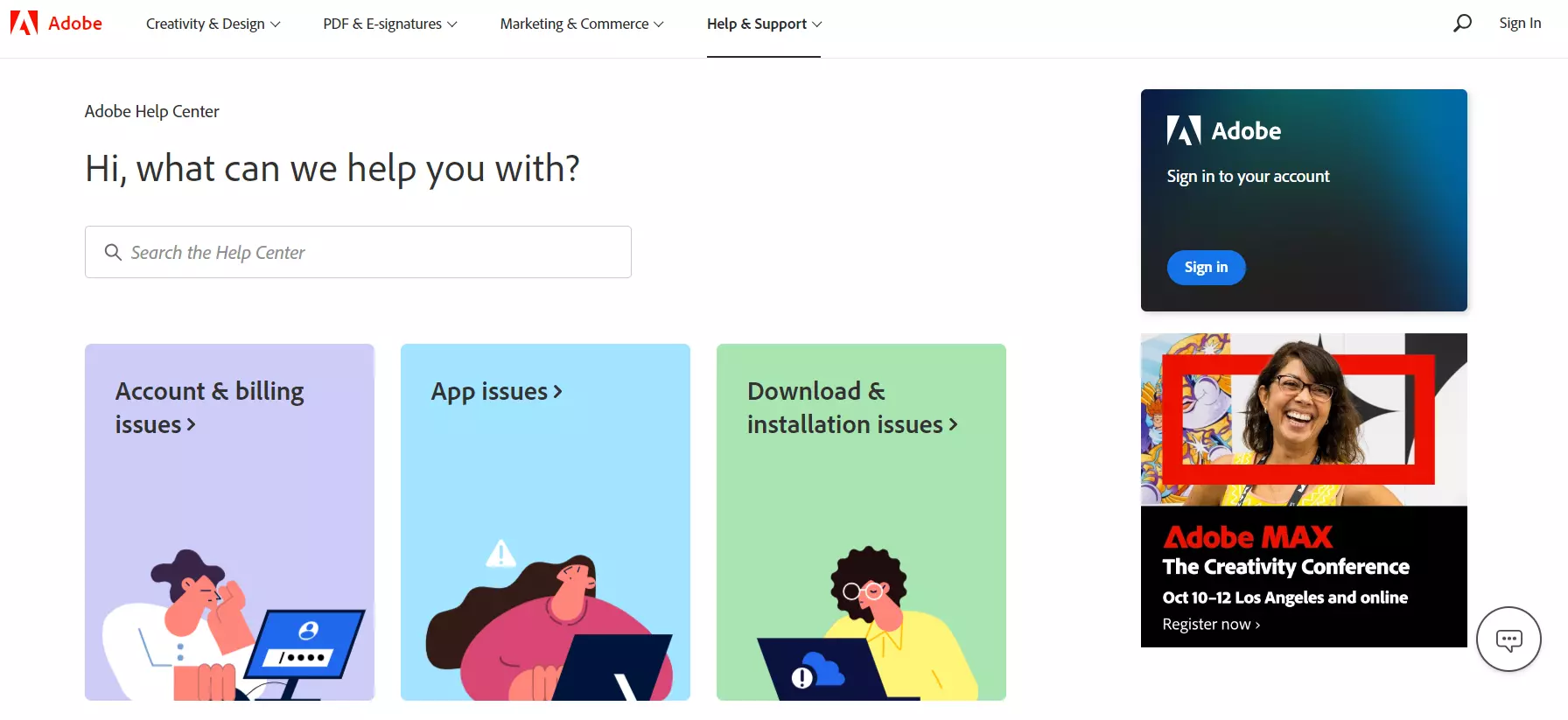 Adobe žinių bazės nukreipimo puslapis, rodantis jų žinių valdymo sistemą.